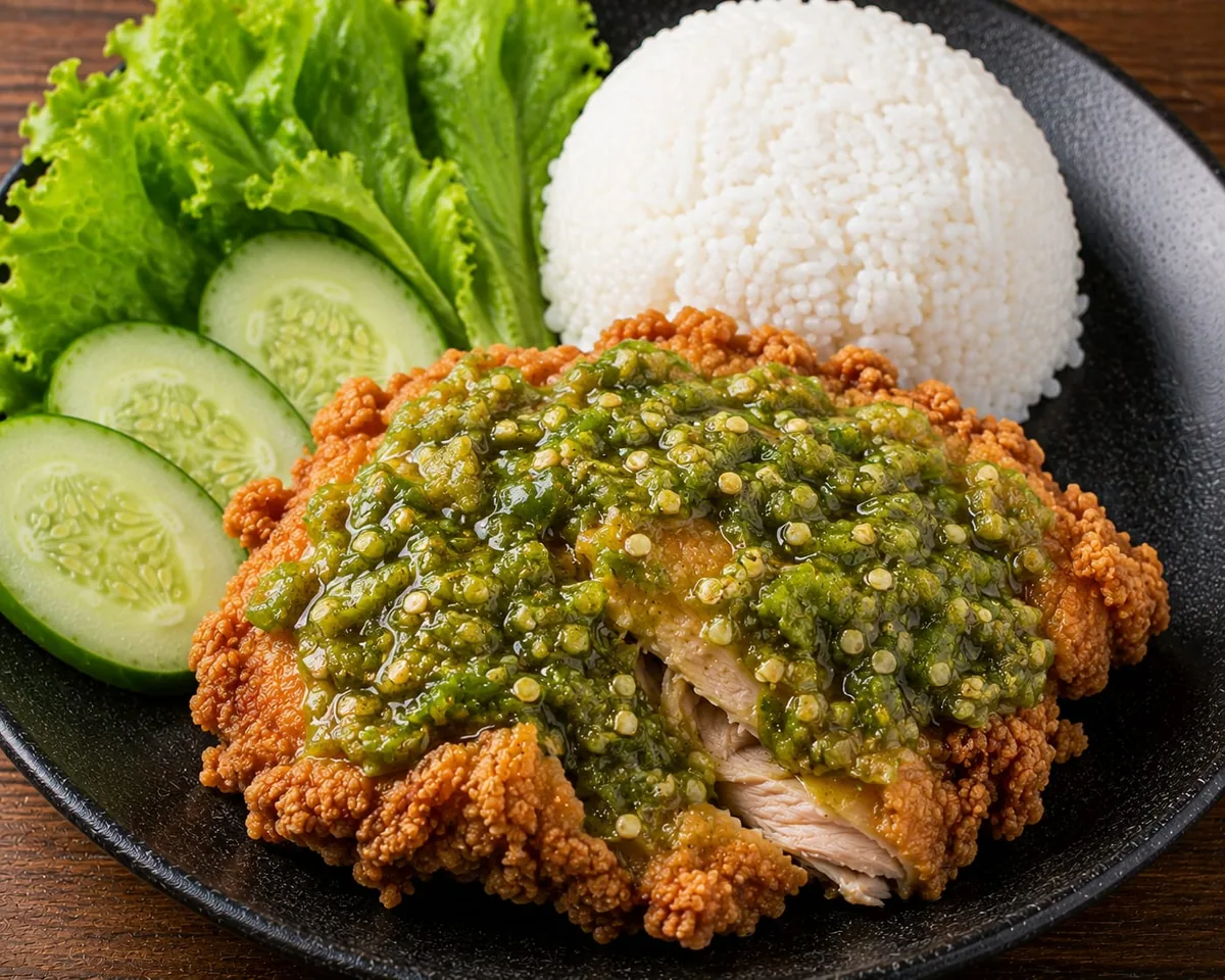 Ayam geprek crispy dengan sambal hijau, nasi, dan lalapan