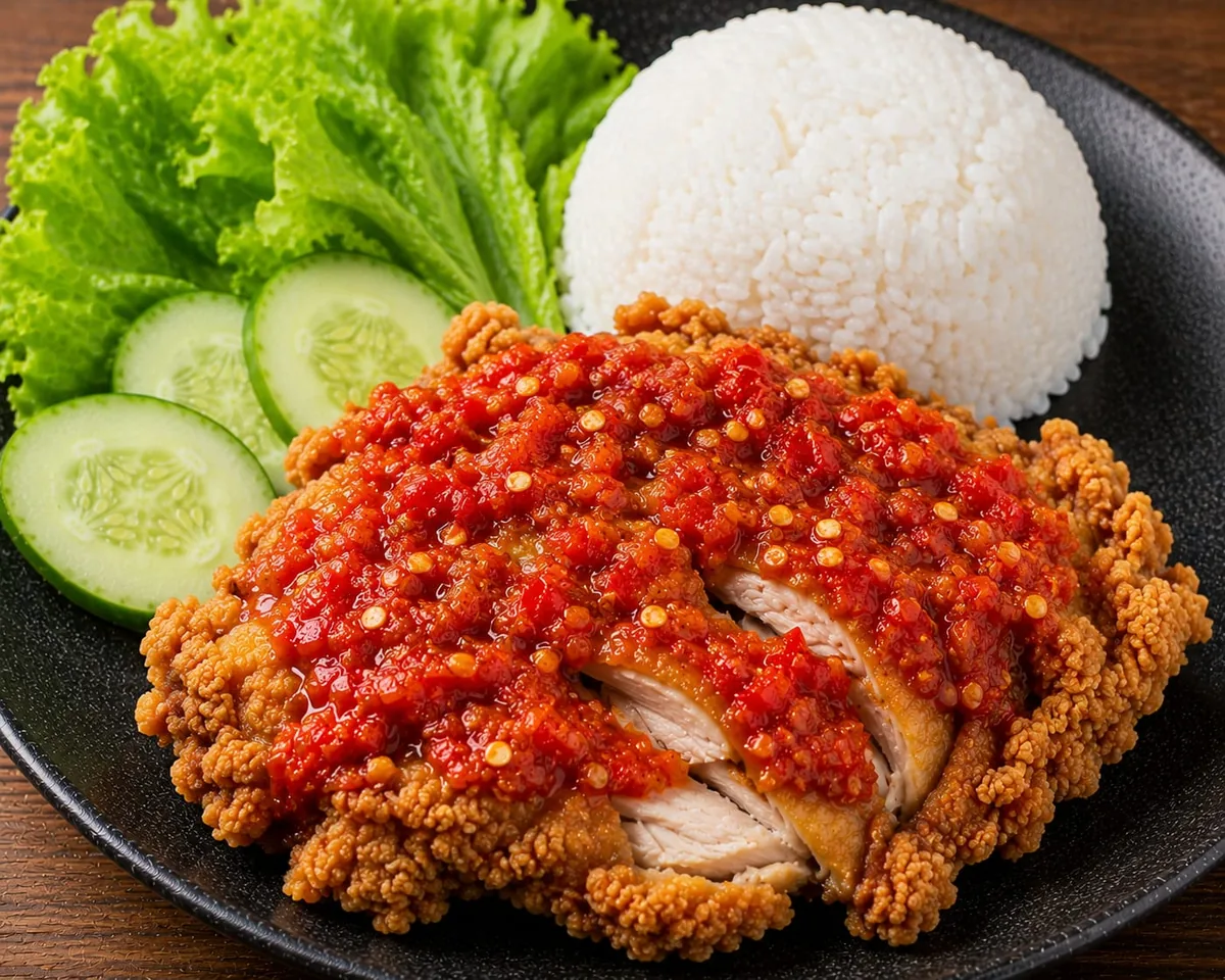 Ayam geprek crispy dengan sambal merah, nasi, dan lalapan