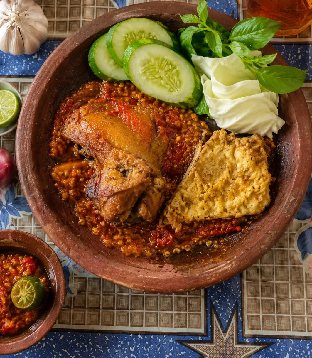 Ayam penyetan dengan sambal, tempe, mentimun, dan kol di Warung Laris Bali